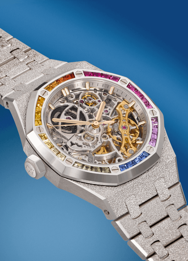 Audemars Piguet. An Extremely Rare And Highly Attractive 18K White Gold Multicoloured Sapphire-Set