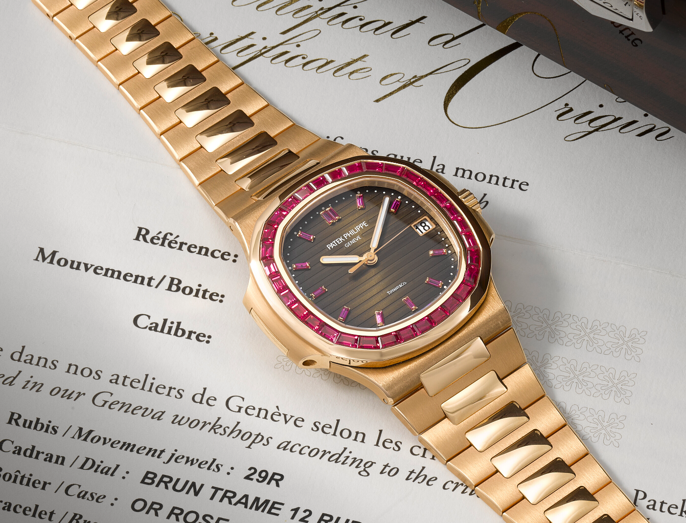 Patek Philippe. An Exceedingly Rare And Strikingly Attractive 18K Pink Gold Ruby-Set Automatic