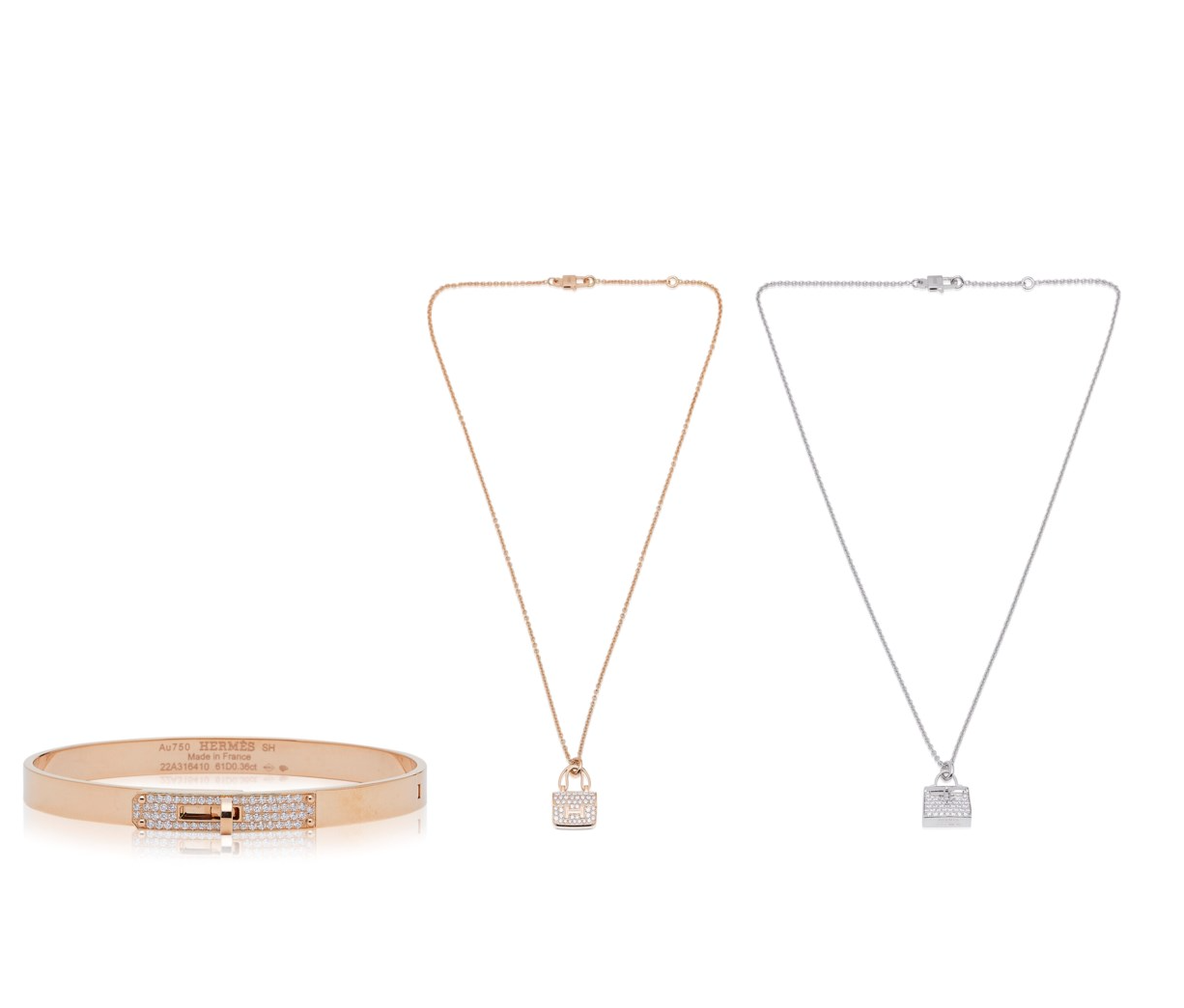 A Set Of Three: An 18K Rose Gold & Diamond Kelly Bracelet White Amulette Pendant Necklace Constance