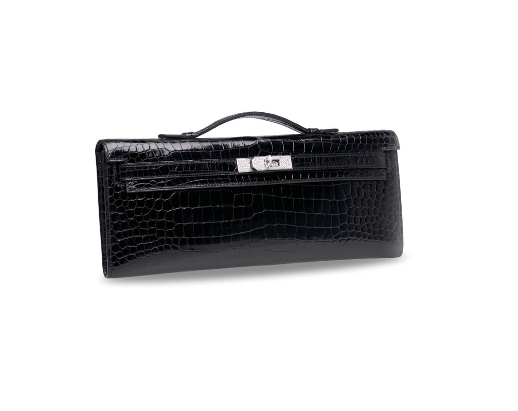 Kelly Cut Black Shiny Black porosus 18k White Gold & Diamond Hardware
