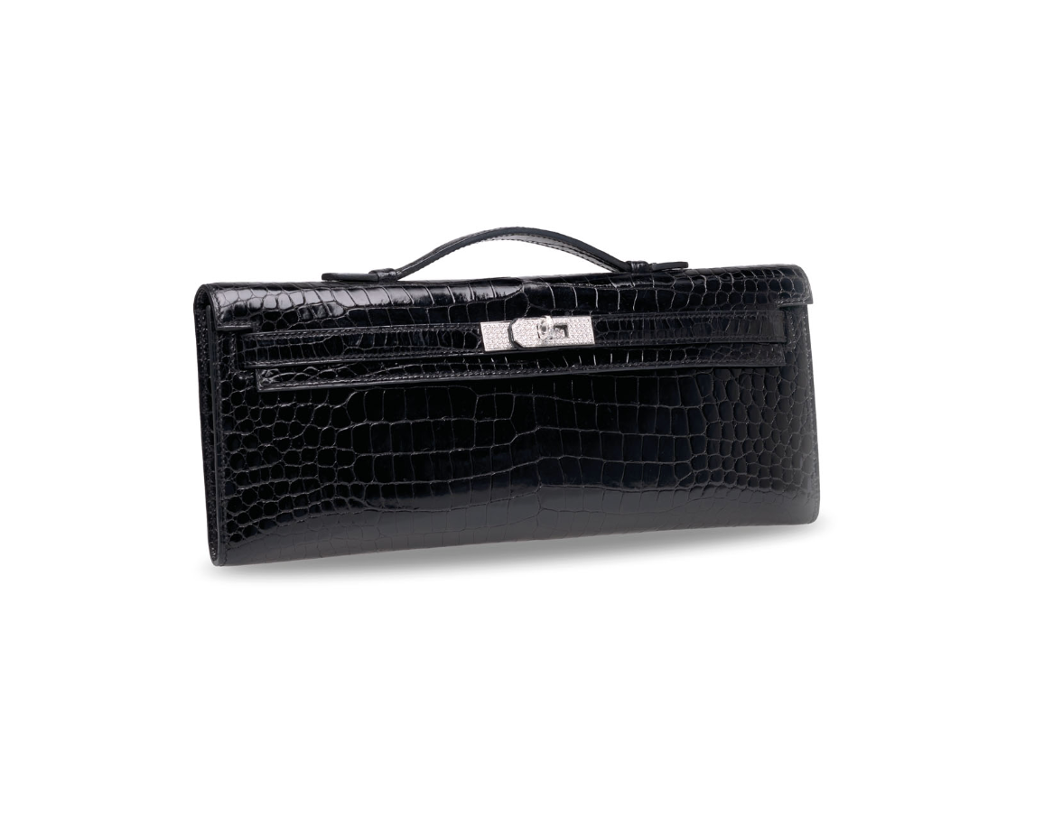 Kelly Cut Black Shiny Black porosus 18k White Gold & Diamond Hardware