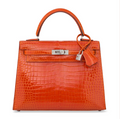 Kelly 25 Sellier Shiny Orange Porosus Croco 18K White Gold & Diamond Hardware