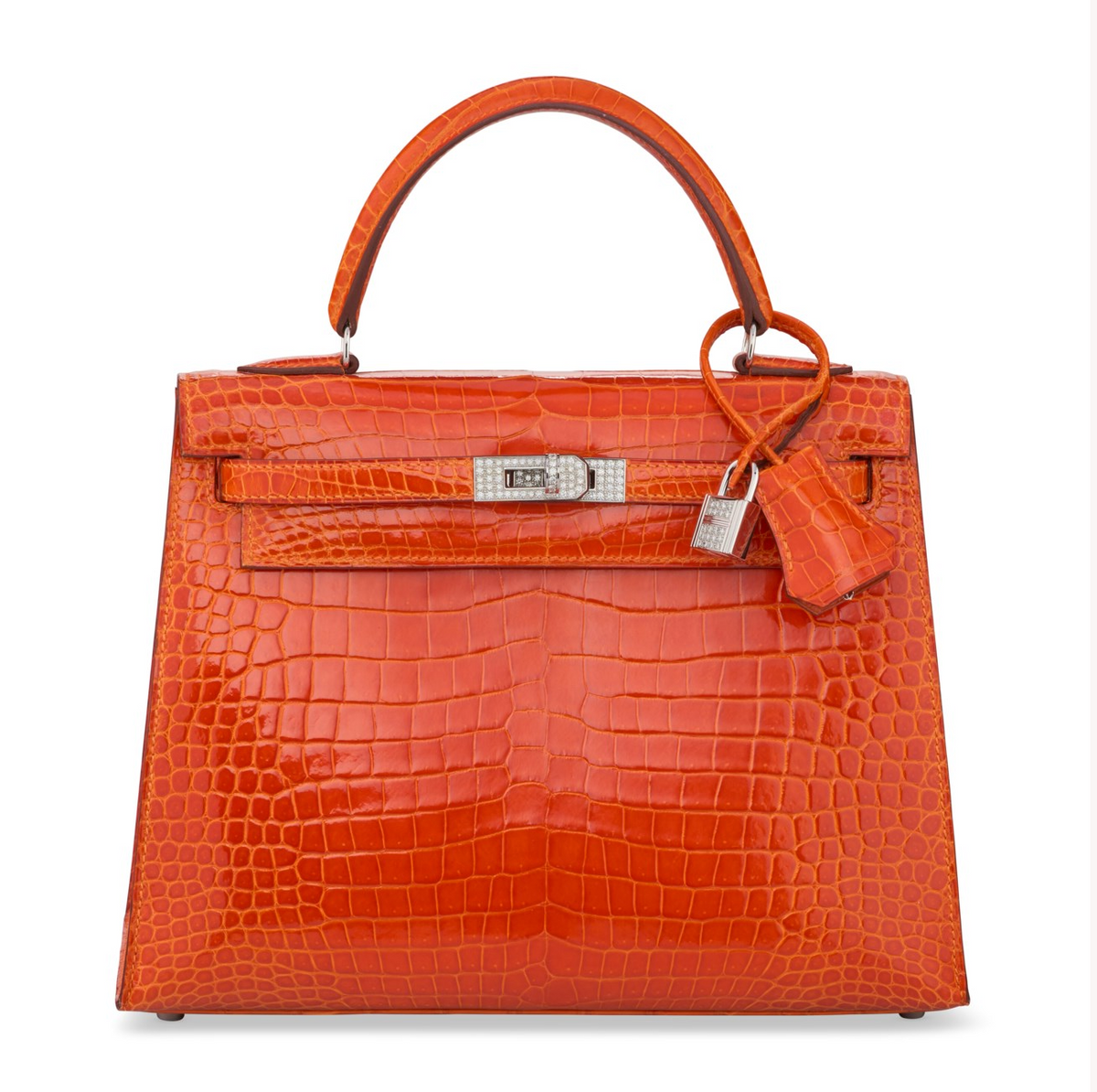Kelly 25 Sellier Shiny Orange Porosus Croco 18K White Gold & Diamond Hardware