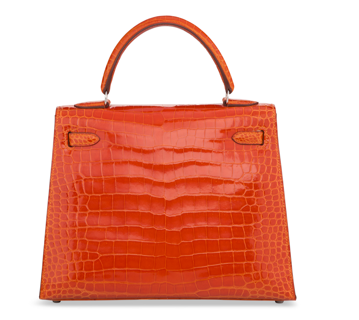 Kelly 25 Sellier Shiny Orange Porosus Croco 18K White Gold & Diamond Hardware