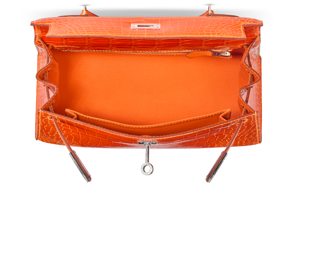 Kelly 25 Sellier Shiny Orange Porosus Croco 18K White Gold & Diamond Hardware
