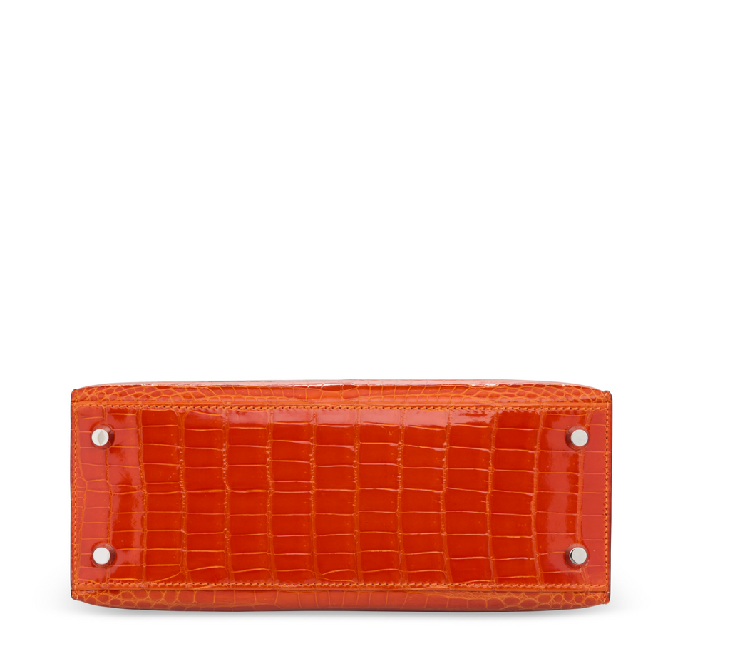 Kelly 25 Sellier Shiny Orange Porosus Croco 18K White Gold & Diamond Hardware