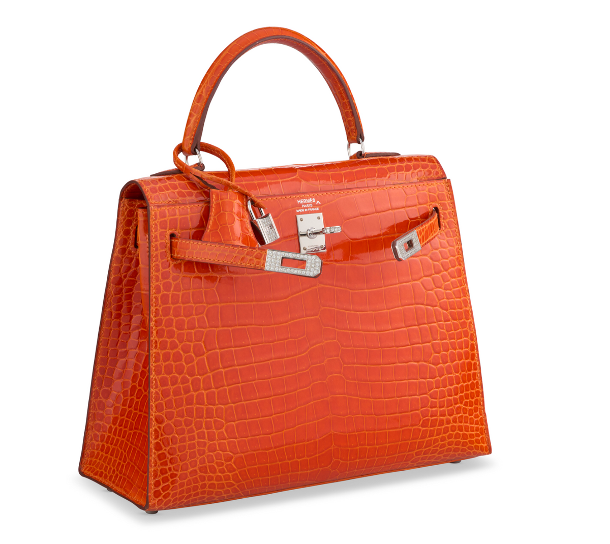 Kelly 25 Sellier Shiny Orange Porosus Croco 18K White Gold & Diamond Hardware