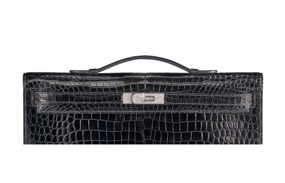 Kelly Cut Black Shiny Porosus Croco 18K White Gold & Diamond Hardware