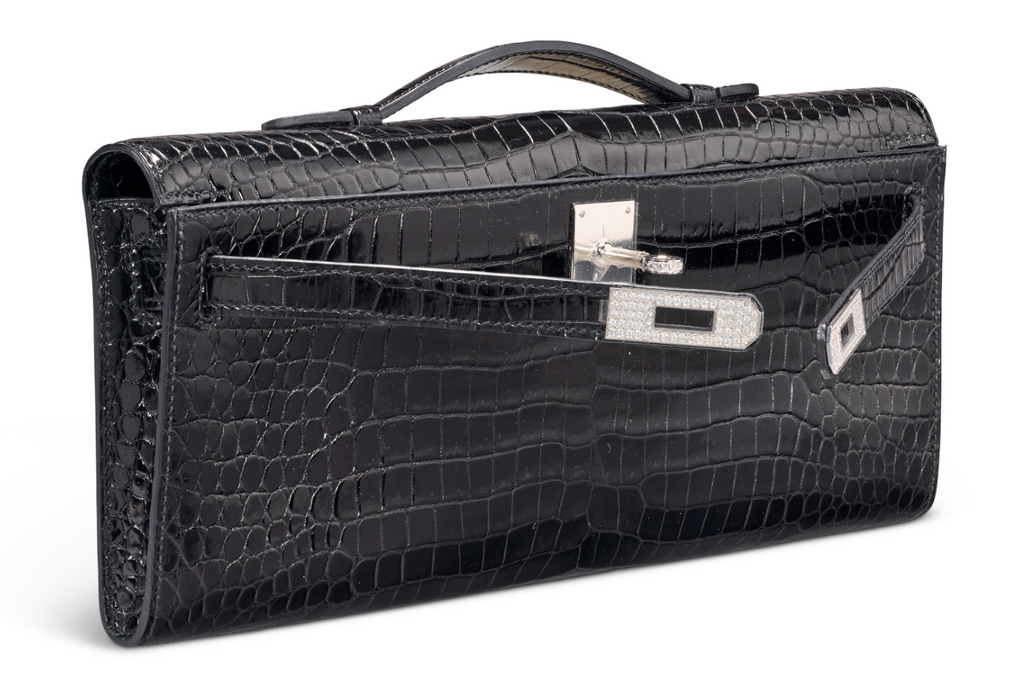 Kelly Cut Black Shiny Porosus Croco 18K White Gold & Diamond Hardware