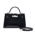 Kelly 20 Mini II Shiny Black Porosus Croco 18K White Gold Diamond Hardware
