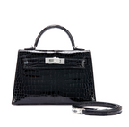 Kelly 20 Mini II Shiny Black Porosus Croco 18K White Gold Diamond Hardware