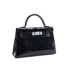 Kelly 20 Mini II Shiny Black Porosus Croco 18K White Gold Diamond Hardware