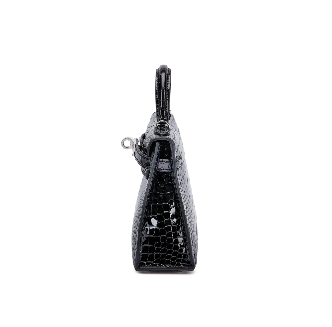 Kelly 20 Mini II Shiny Black Porosus Croco 18K White Gold Diamond Hardware