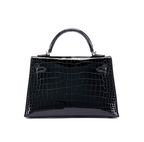 Kelly 20 Mini II Shiny Black Porosus Croco 18K White Gold Diamond Hardware