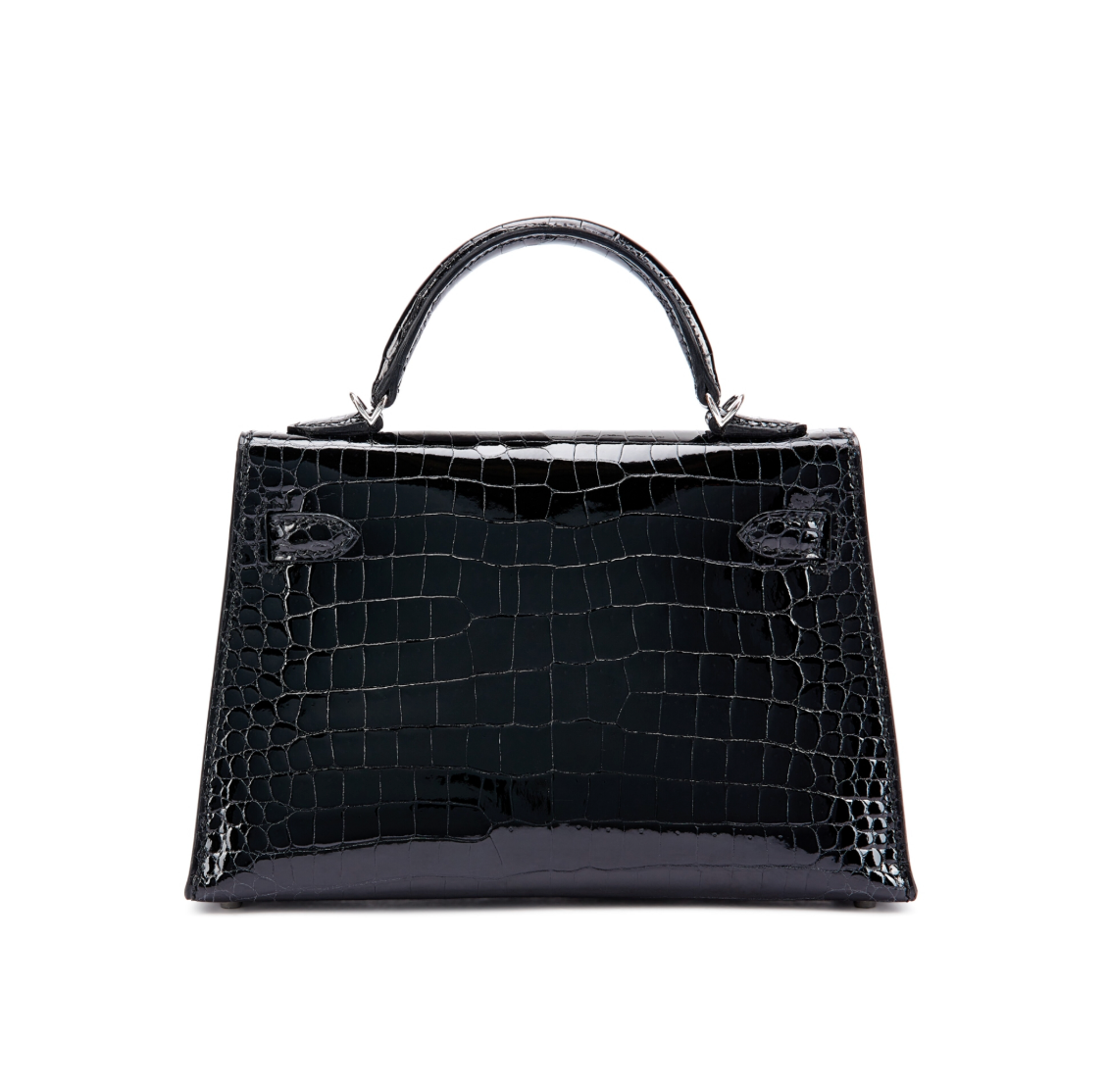 Kelly 20 Mini II Shiny Black Porosus Croco 18K White Gold Diamond Hardware