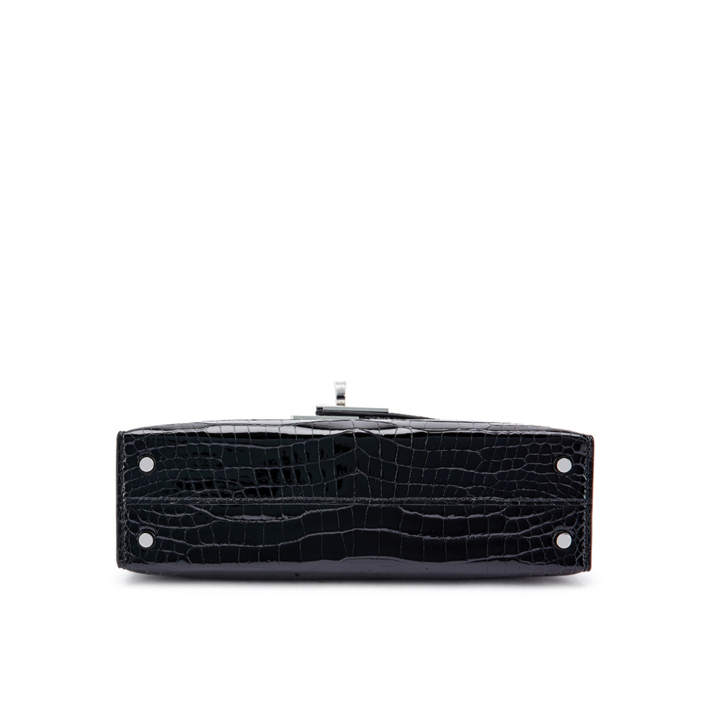Kelly 20 Mini II Shiny Black Porosus Croco 18K White Gold Diamond Hardware