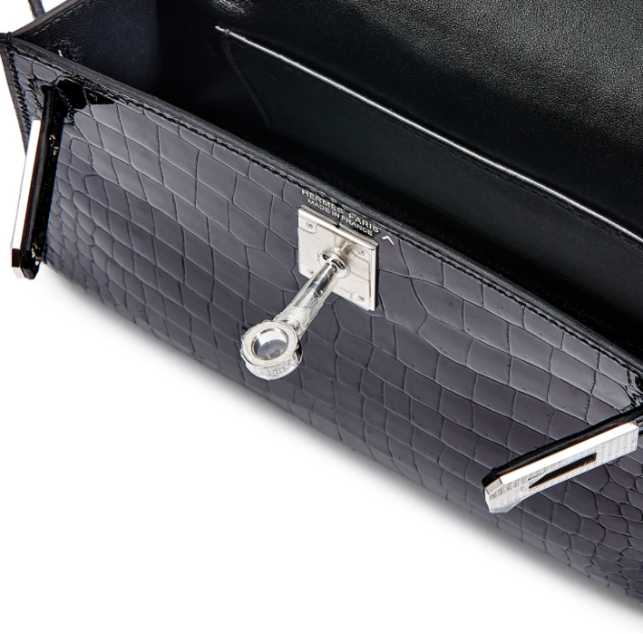 Kelly 20 Mini II Shiny Black Porosus Croco 18K White Gold Diamond Hardware