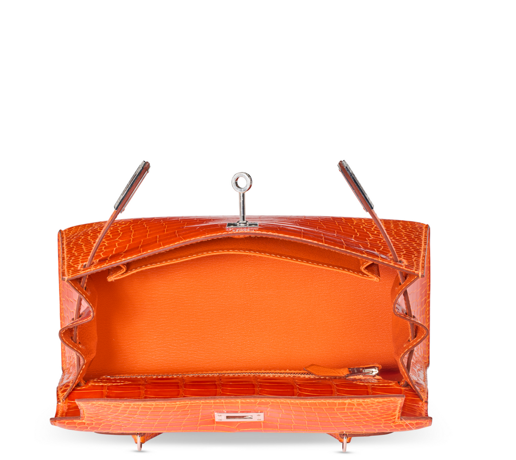 Kelly 25 Sellier Shiny Orange Porosus Croco 18K White Gold & Diamond Hardware