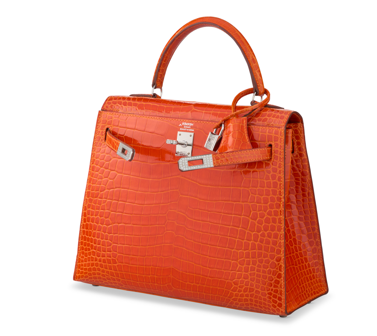 Kelly 25 Sellier Shiny Orange Porosus Croco 18K White Gold & Diamond Hardware