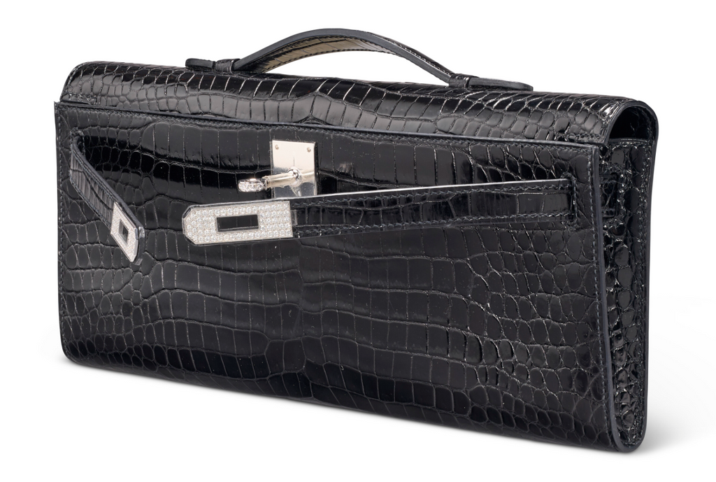 Kelly Cut Black Shiny Porosus Croco 18K White Gold & Diamond Hardware