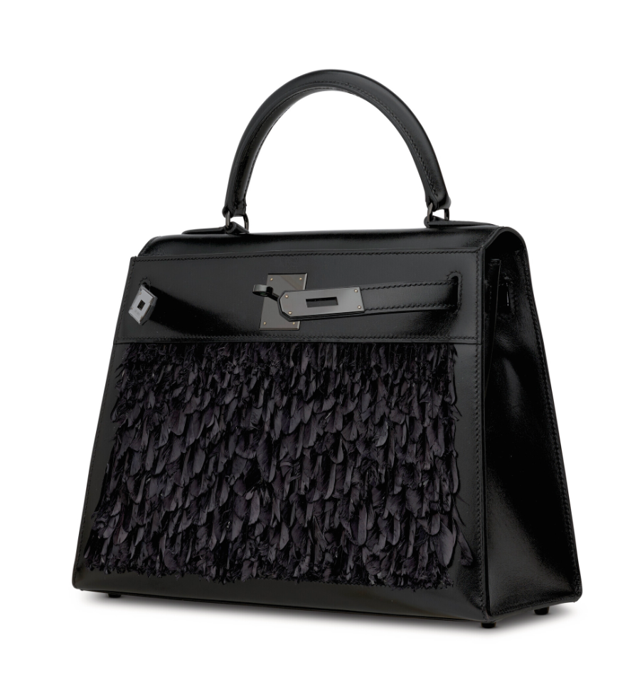 Kelly28 Black Box Calfskin Sellier Feathers & Black PVD Hardware (So Black Edition)