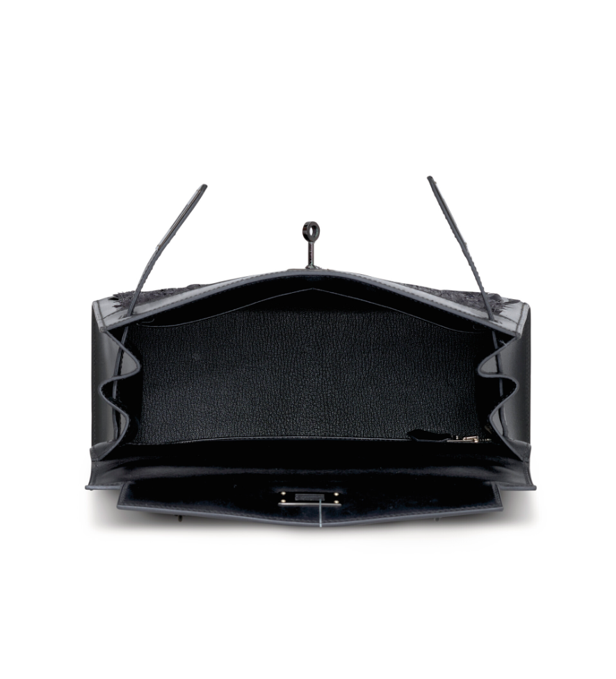 Kelly28 Black Box Calfskin Sellier Feathers & Black PVD Hardware (So Black Edition)