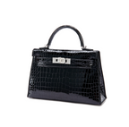 Kelly 20 Mini II Shiny Black Porosus Croco 18K White Gold Diamond Hardware
