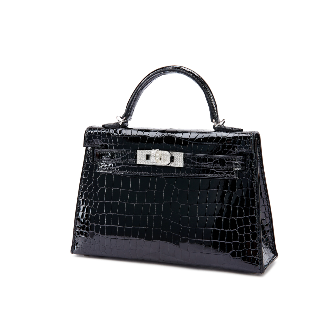 Kelly 20 Mini II Shiny Black Porosus Croco 18K White Gold Diamond Hardware