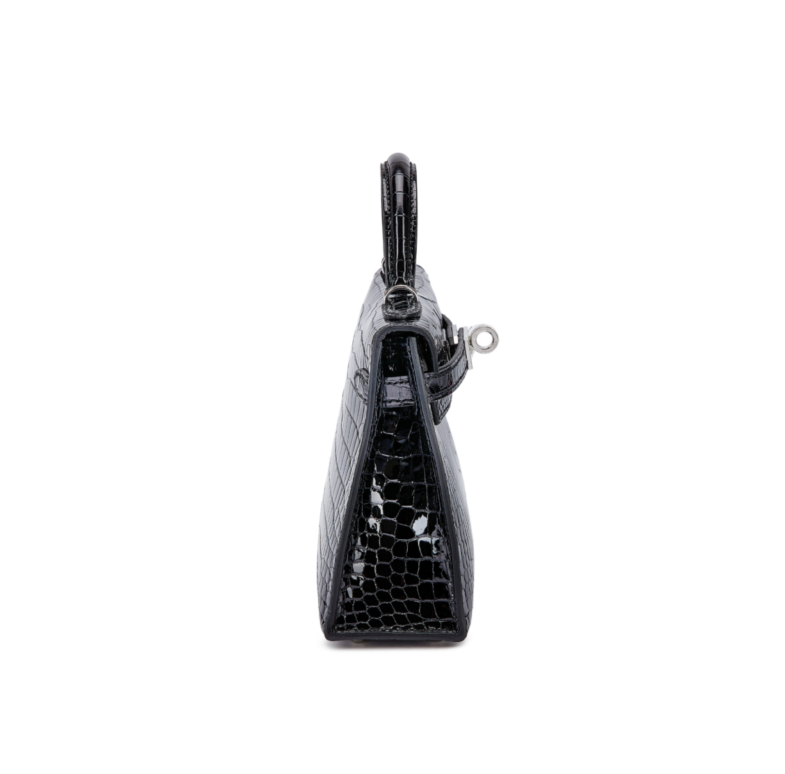 Kelly 20 Mini II Shiny Black Porosus Croco 18K White Gold Diamond Hardware