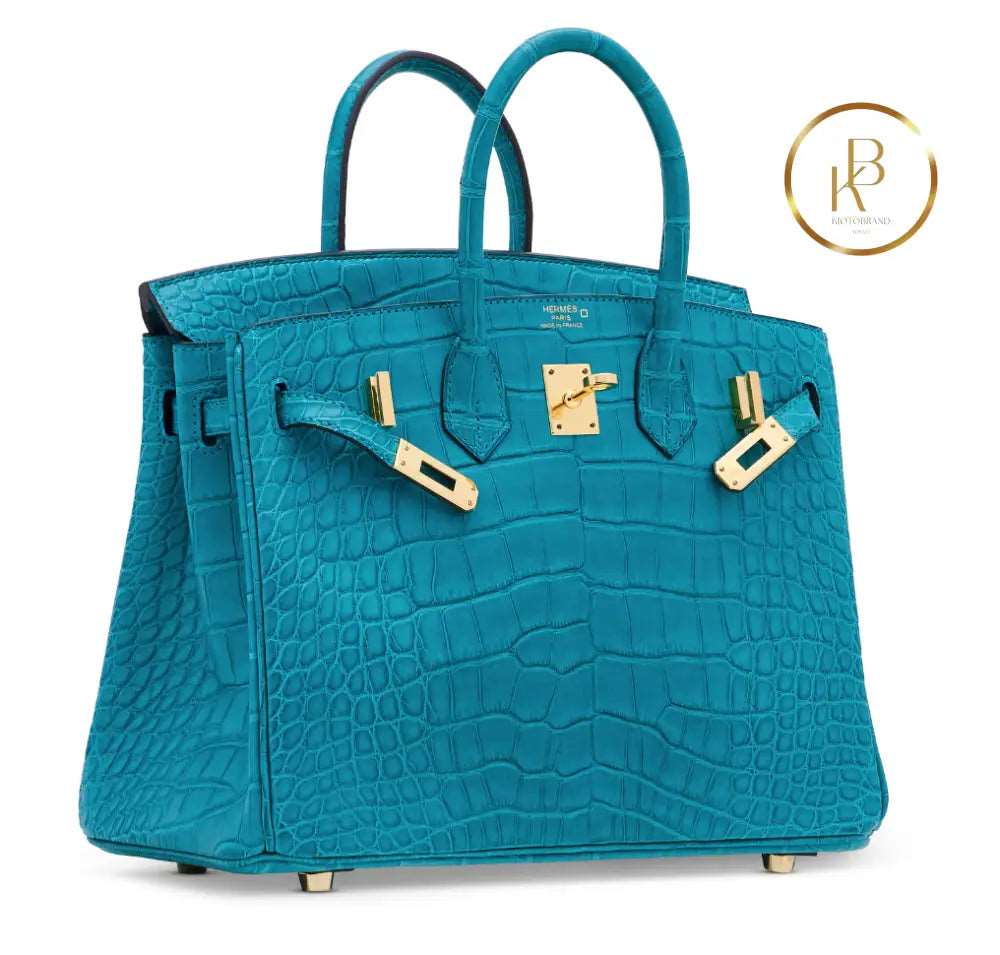 Birkin 25 Bleu Paon Alligator Gold Hardware Handbags