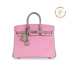 Birkin 25 Matte Pink 5P & Gris Perle Alligator Handbags