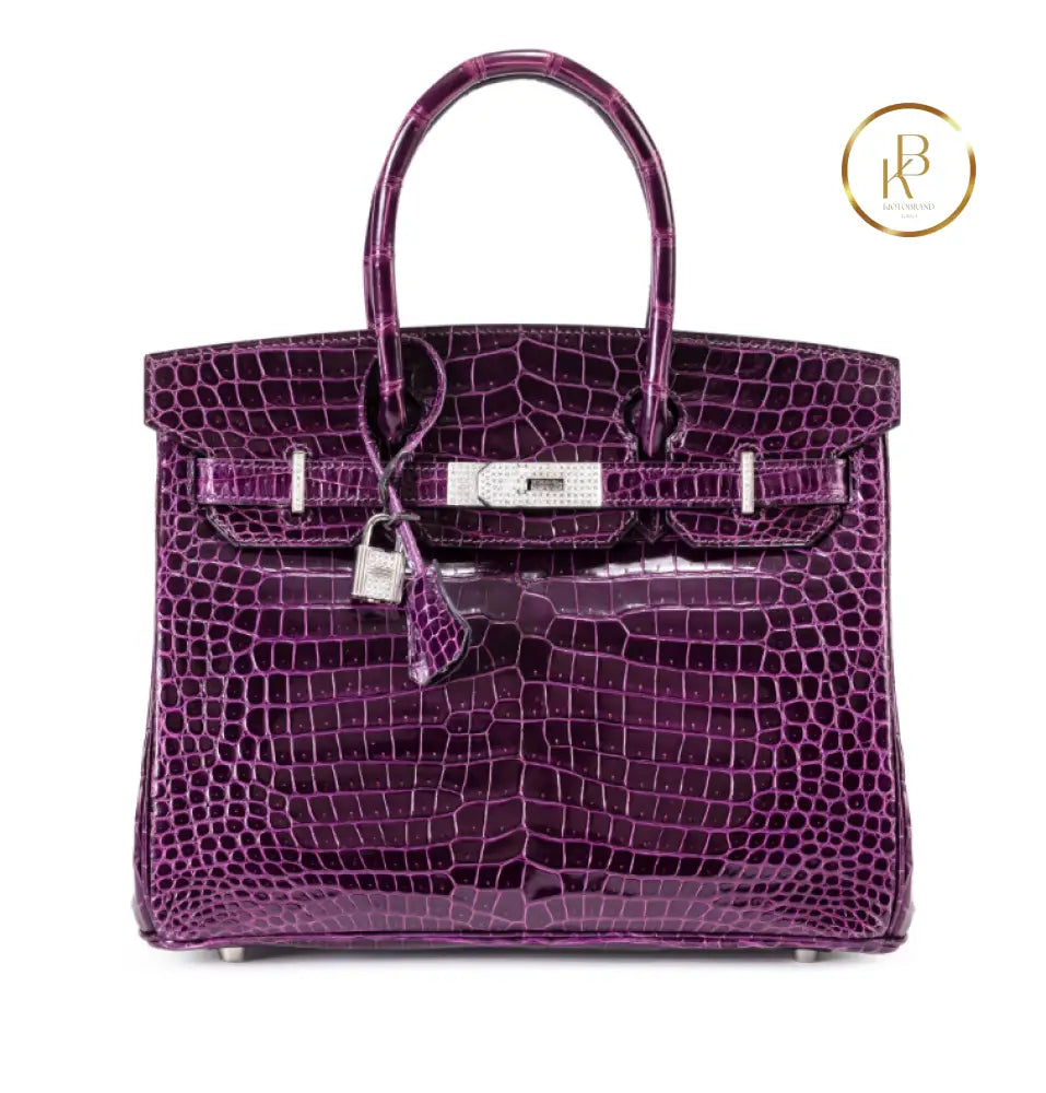 Birkin 30 Améthyste Shiny Porosus Croco 18K White Gold Diamond hardware - handbags