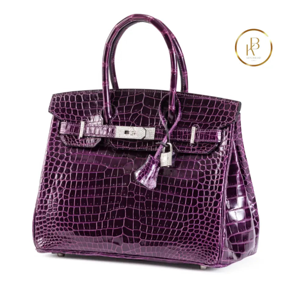 Birkin 30 Améthyste Shiny Porosus Croco 18K White Gold Diamond hardware - handbags