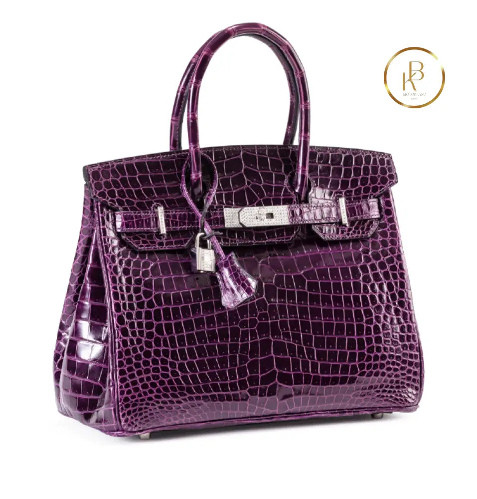 Birkin 30 Améthyste Shiny Porosus Croco 18K White Gold Diamond hardware - handbags