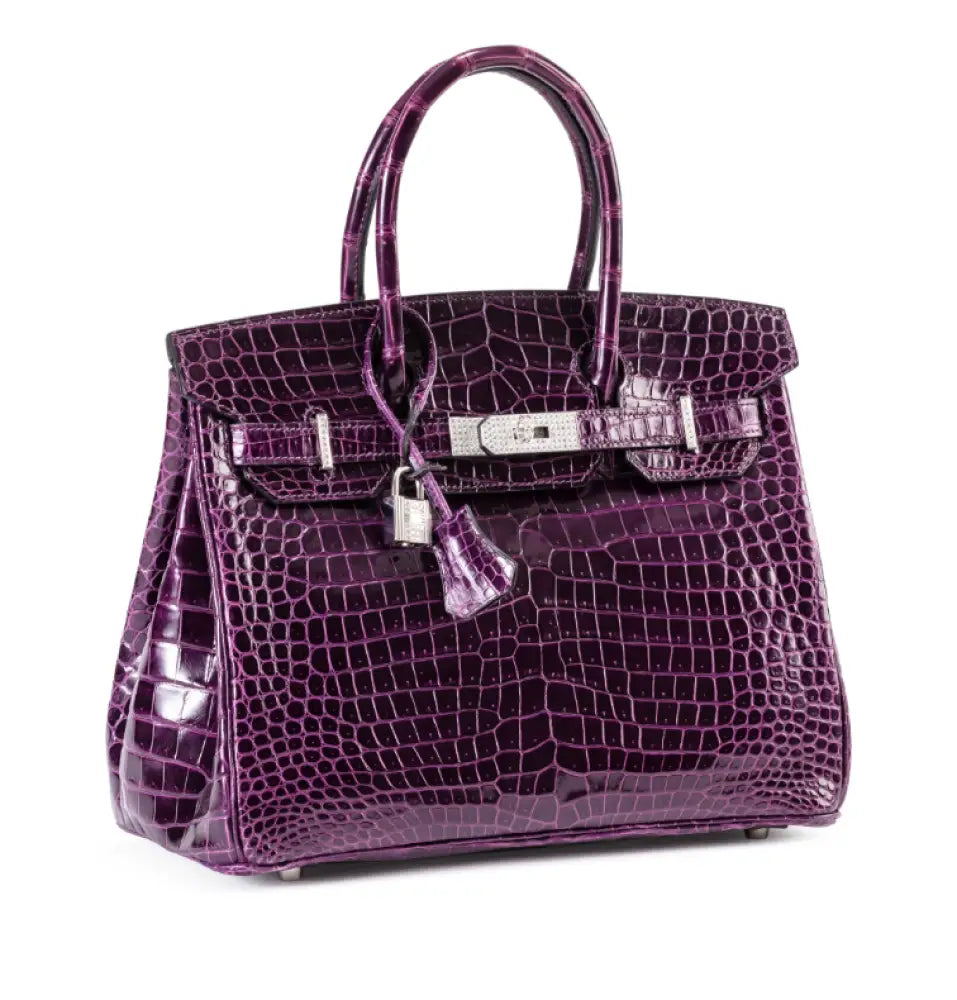 Birkin 30 Améthyste Shiny Porosus Croco 18K White Gold Diamond hardware - handbags