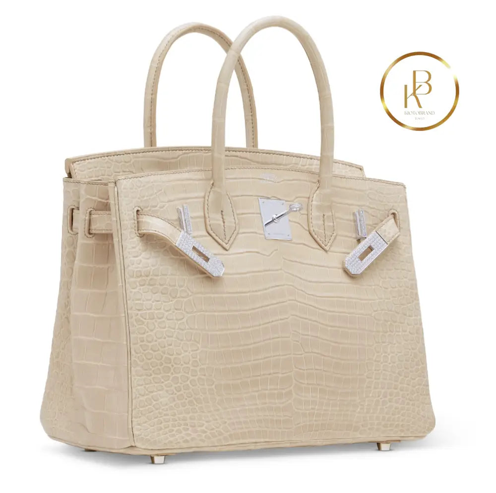 Birkin 30 Matte Poudre Porosus croco 18K White gold & Diamond hardware handbags