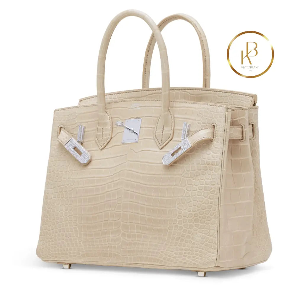 Birkin 30 Matte Poudre Porosus croco 18K White gold & Diamond hardware handbags