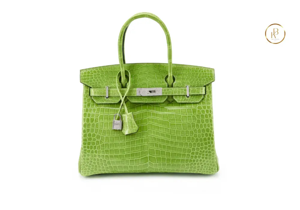 Birkin 30 Shiny Apple Porosus croco 18K White Gold Diamond hardware - handbags