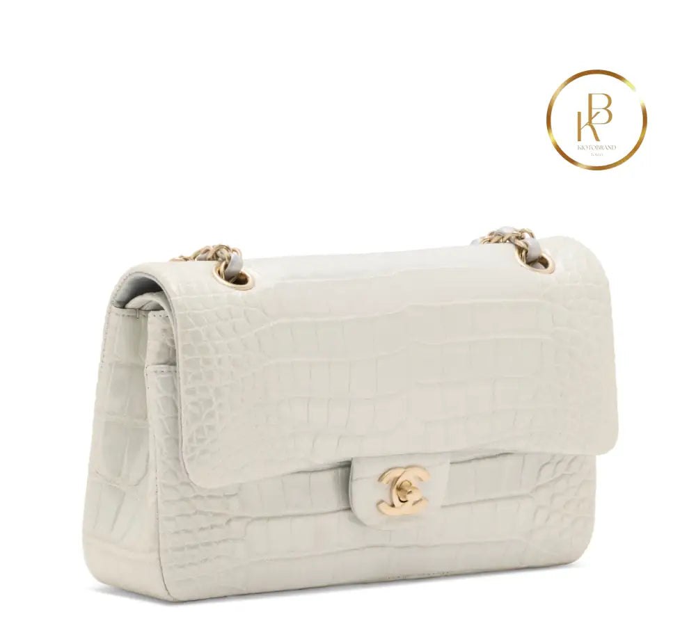 Classic Double Flap Medium Grey Suede Alligator GHW handbags