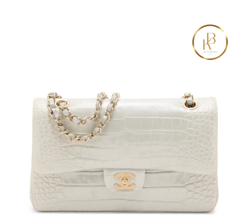 Classic Double Flap Medium Grey Suede Alligator GHW handbags