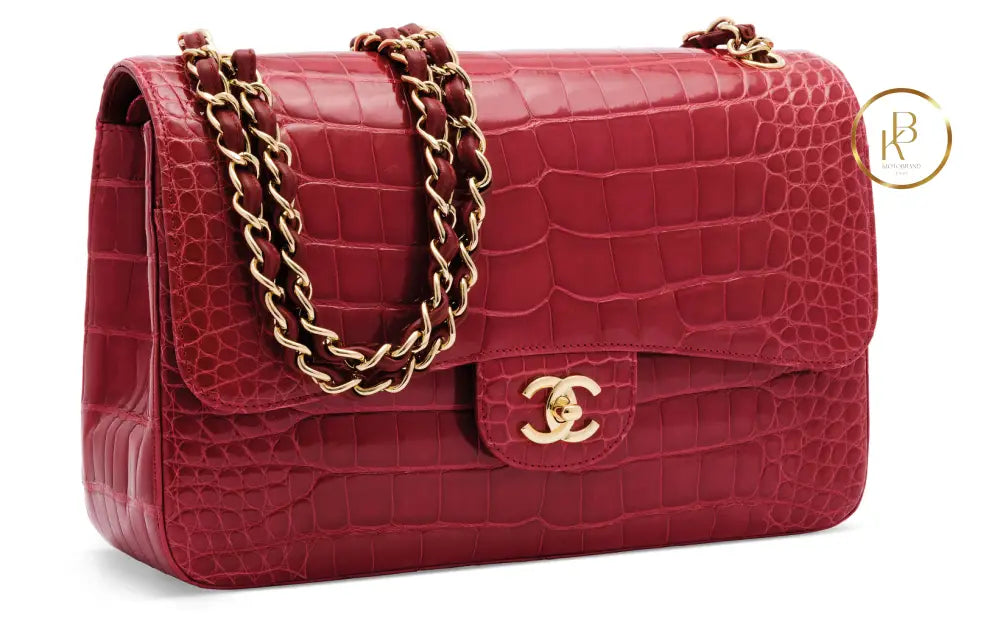 Classic Double Flap Shiny Red Alligator Jumbo Handbags