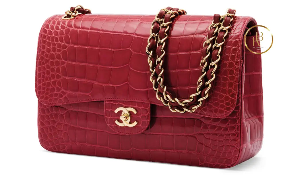 Classic Double Flap Shiny Red Alligator Jumbo Handbags