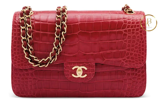 Classic Double Flap Shiny Red Alligator Jumbo Handbags