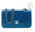Classic Double Flap Shiny Teal Alligator Silver Hardware Handbags