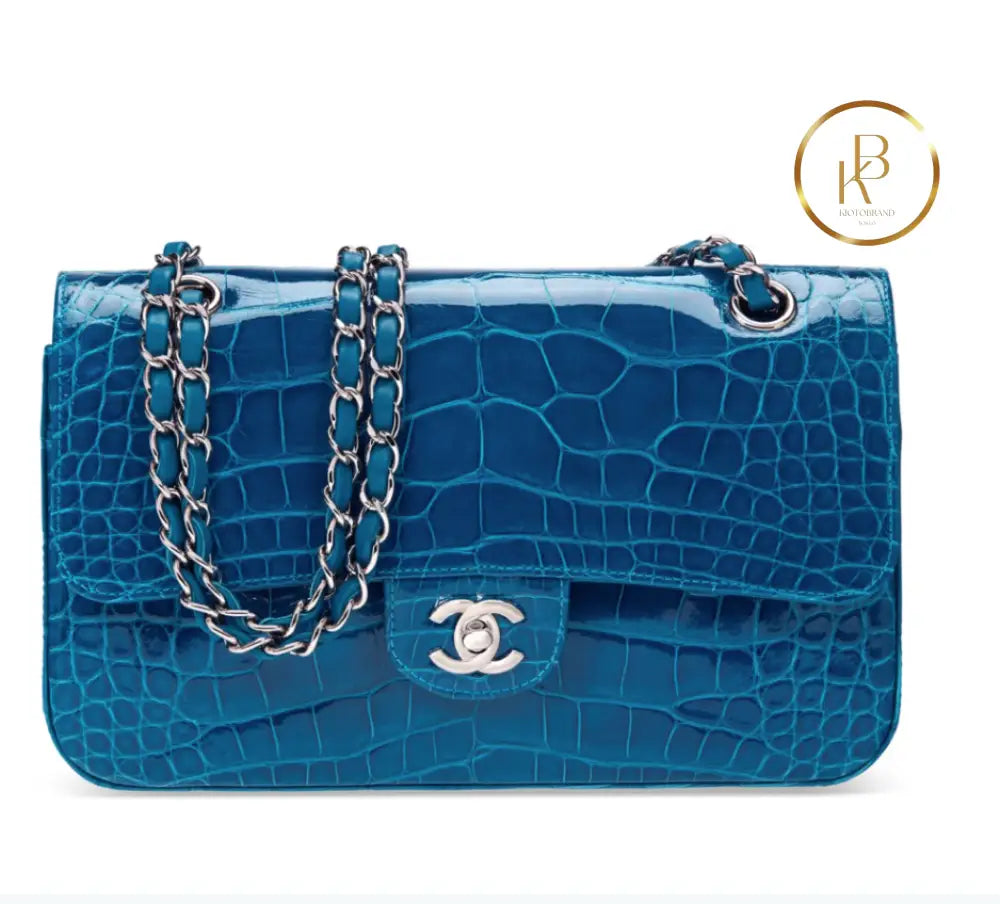 Classic Double Flap Shiny Teal Alligator Silver Hardware Handbags