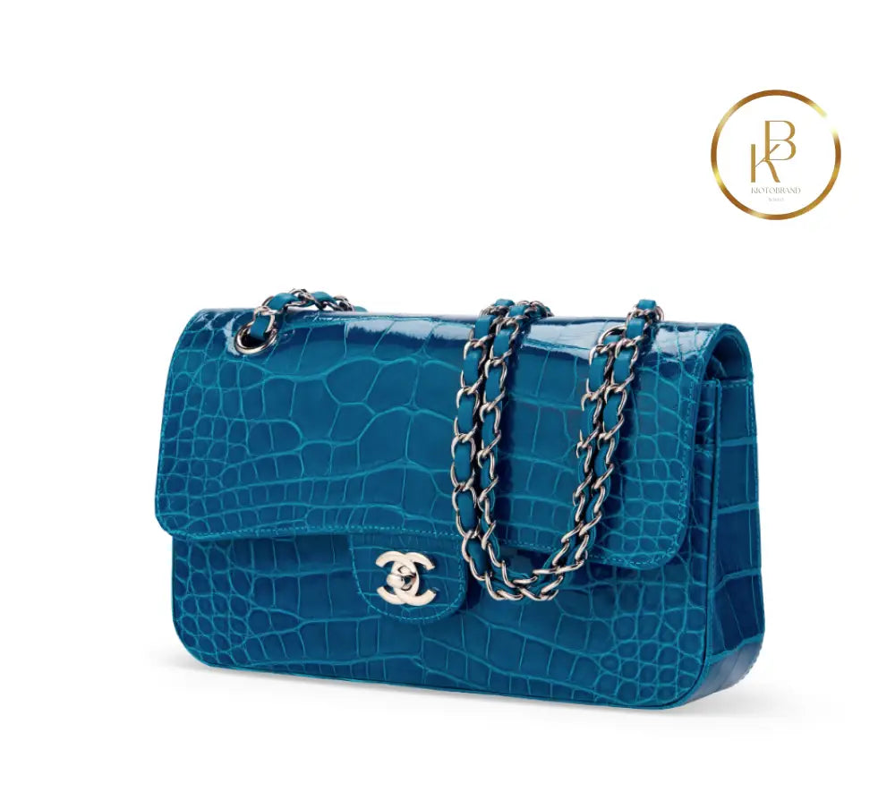 Classic Double Flap Shiny Teal Alligator Silver Hardware Handbags