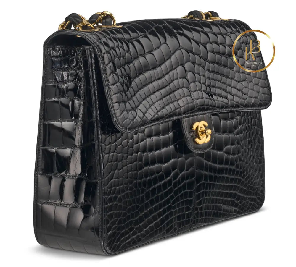 Classic Jumbo Single Flap Shiny Black Alligator GHW handbags