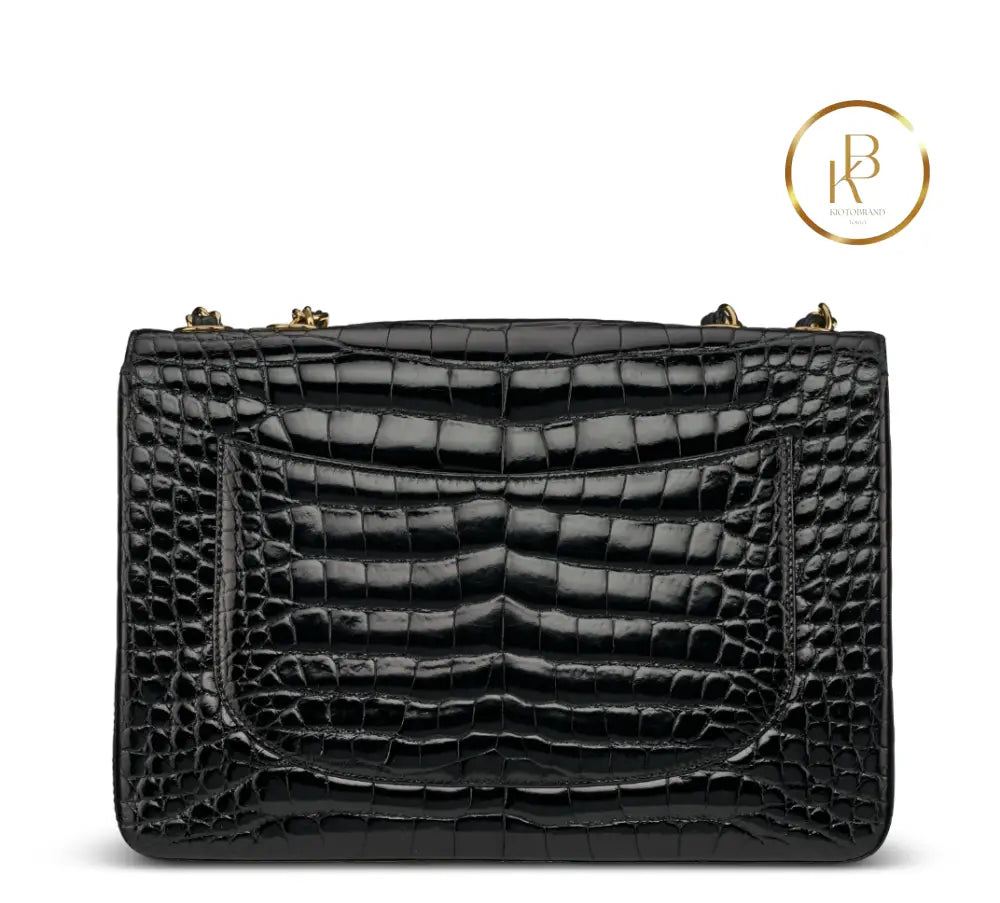 Classic Jumbo Single Flap Shiny Black Alligator GHW handbags
