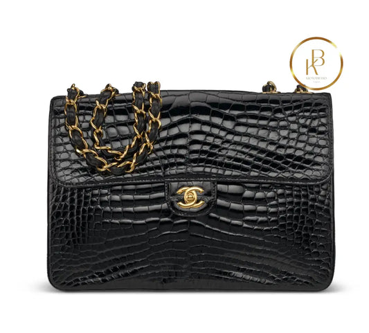 Classic Jumbo Single Flap Shiny Black Alligator GHW handbags