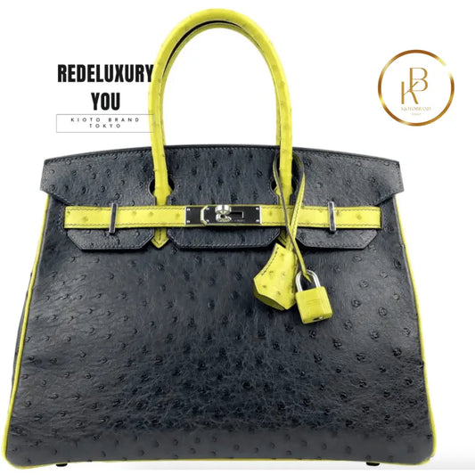 Birkin 30 Charcoal And Kiwi Ostrich Horseshoe